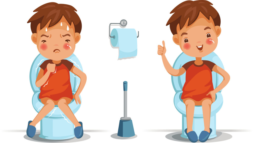 Illustration of a child sitting on a potty, uncomfortable then relieved
